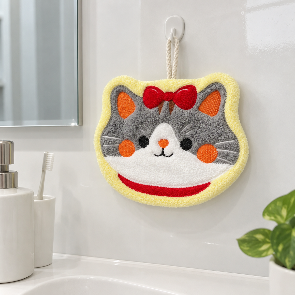 Cat face hanging hand towel displayed on a wall beside a bathroom sink.