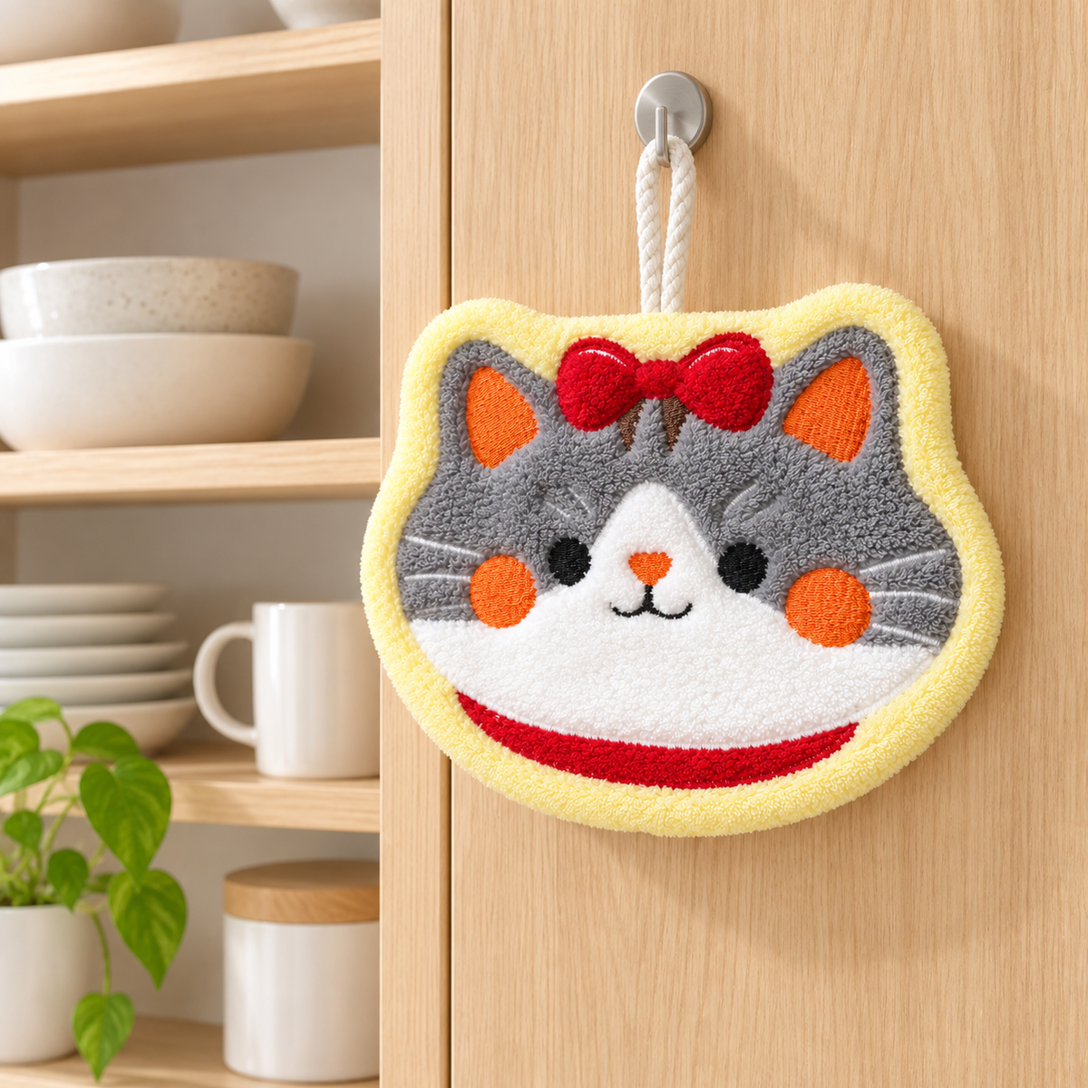 Cat face hanging hand towel displayed on a wooden kitchen cabinet.