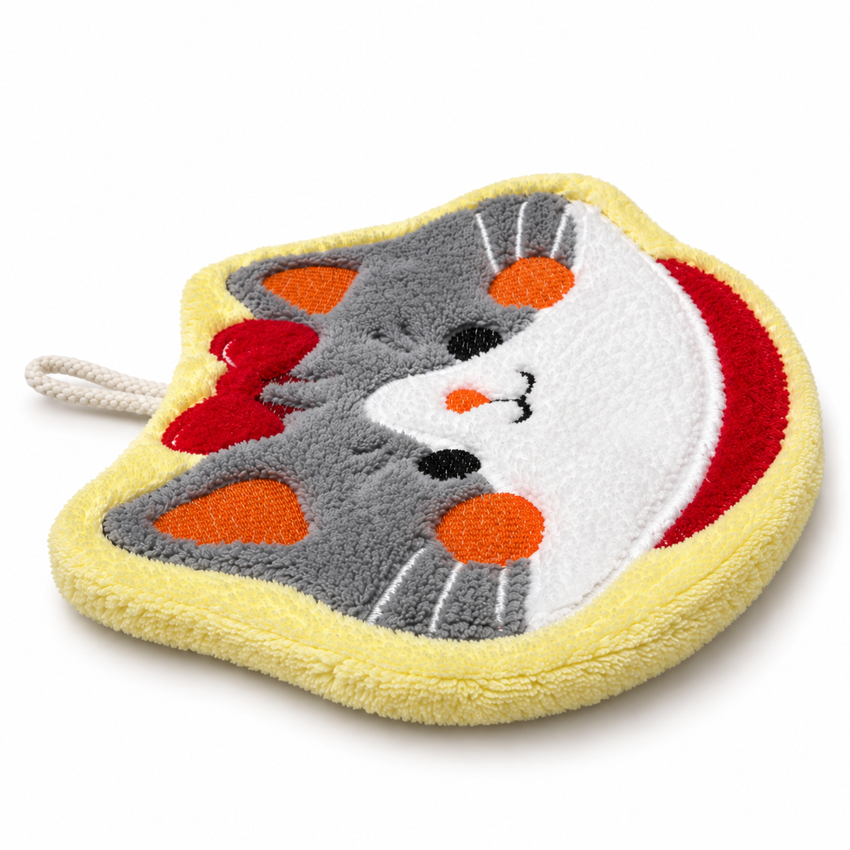 Side view of a cat face hanging hand towel, showing its soft, plush texture and embroidered details.