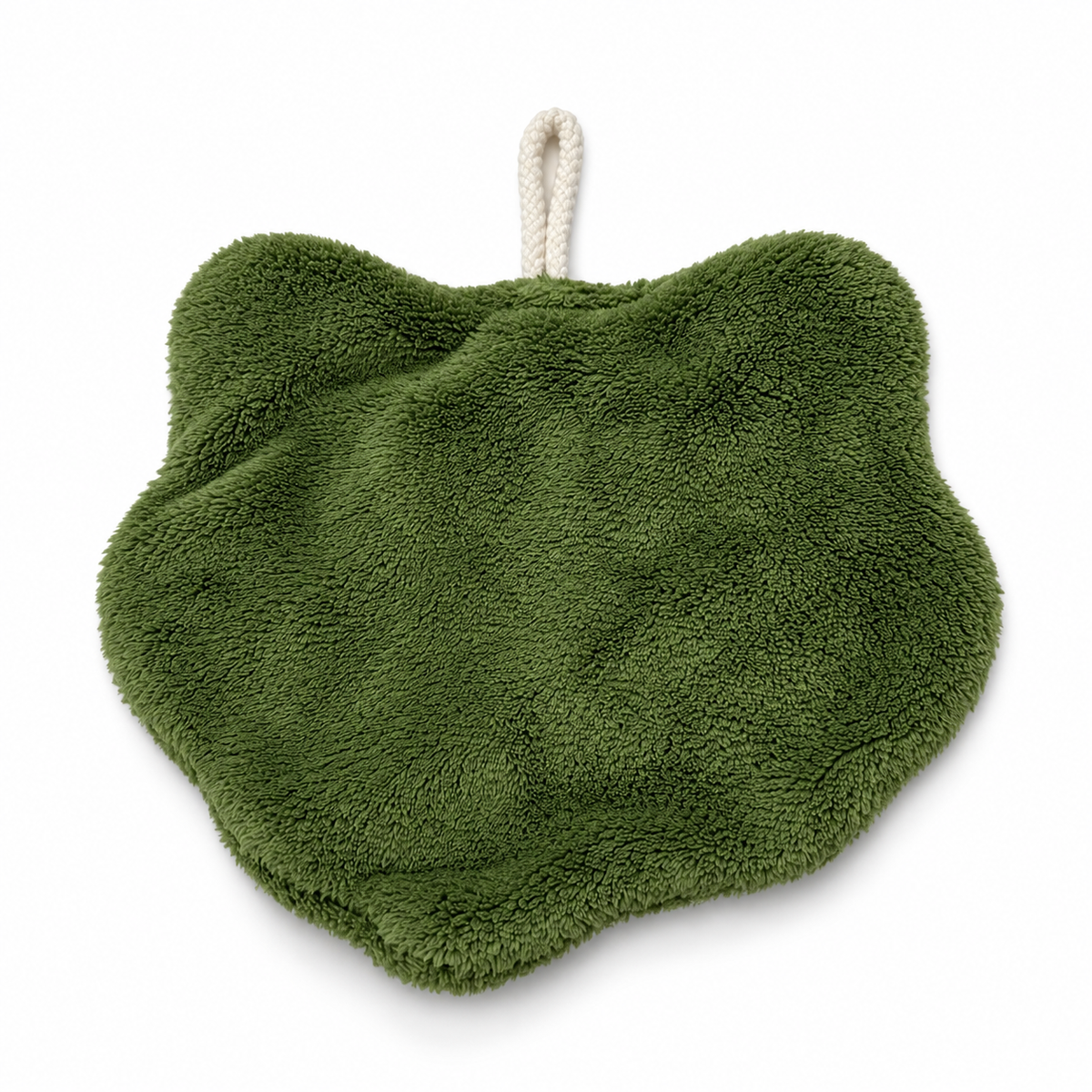 Green back of an orange cat face hanging hand towel.