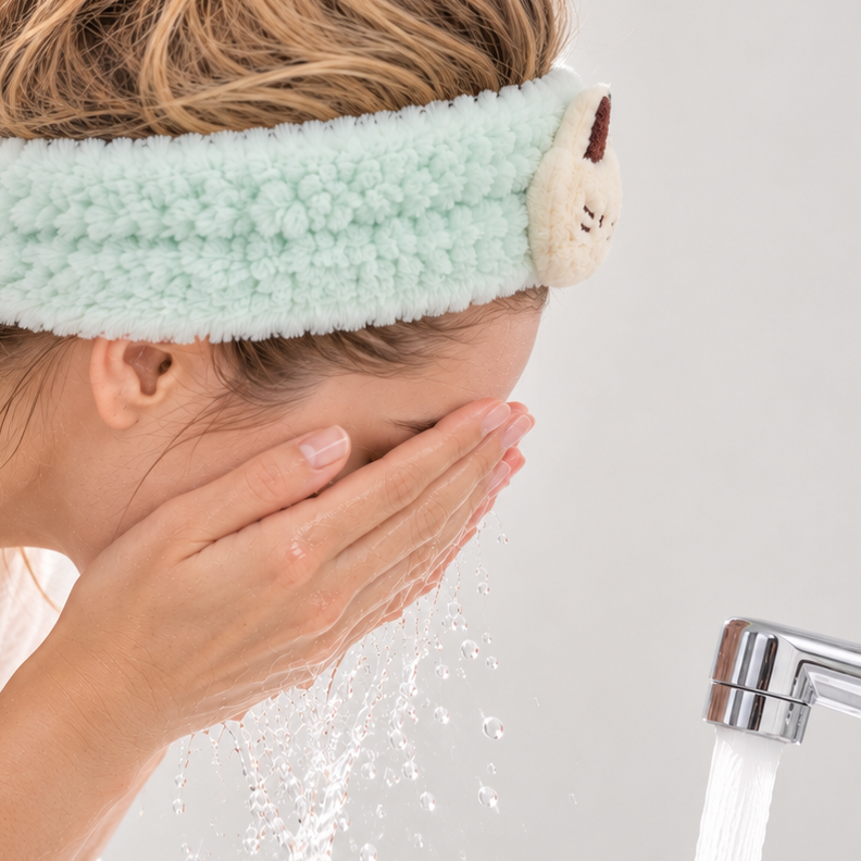 Woman wearing a fluffy mint green cat spa headband while washing her face.
