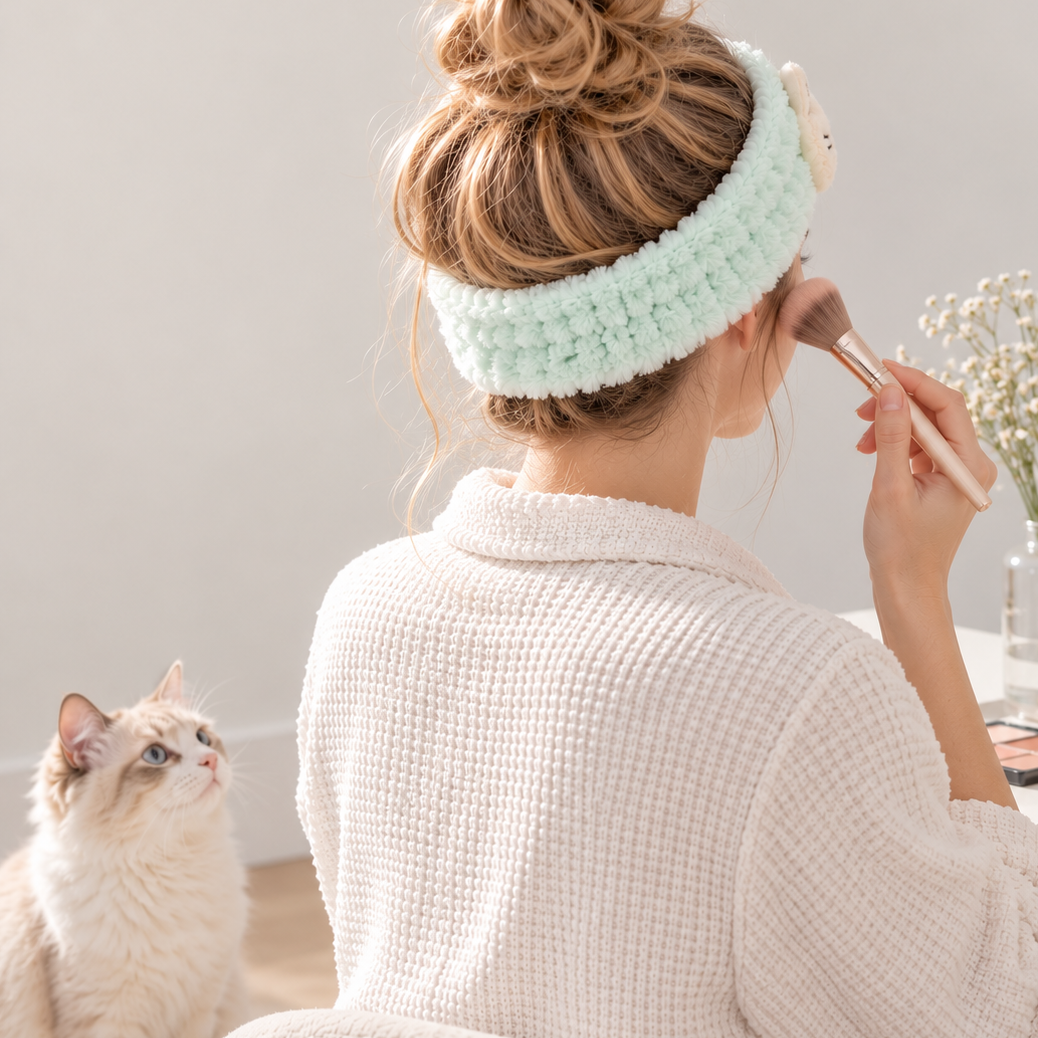 Woman wearing a fluffy mint green cat spa headband while applying makeup with a cat beside her.