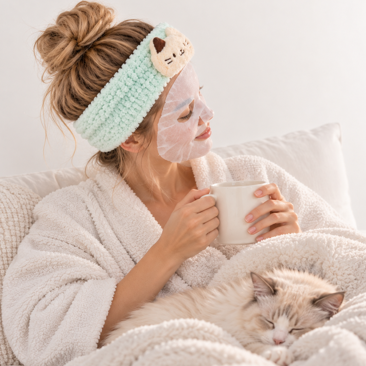 Woman wearing a fluffy mint green cat spa headband and face mask while relaxing with her cat.