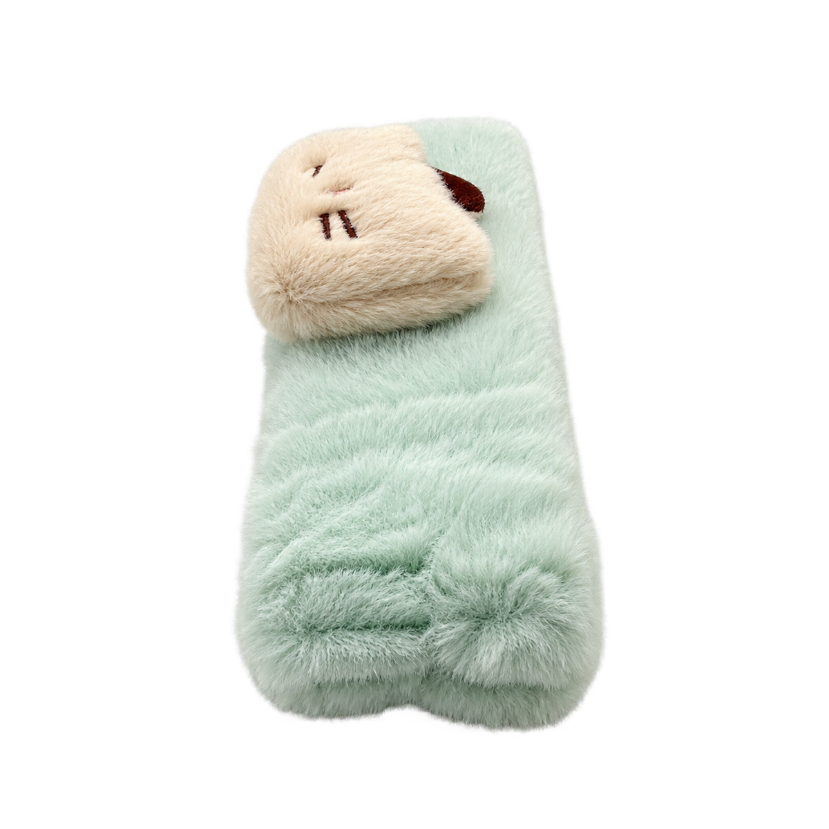 Side view of a soft and fluffy mint green cat spa headband, showing its plush texture and thickness.