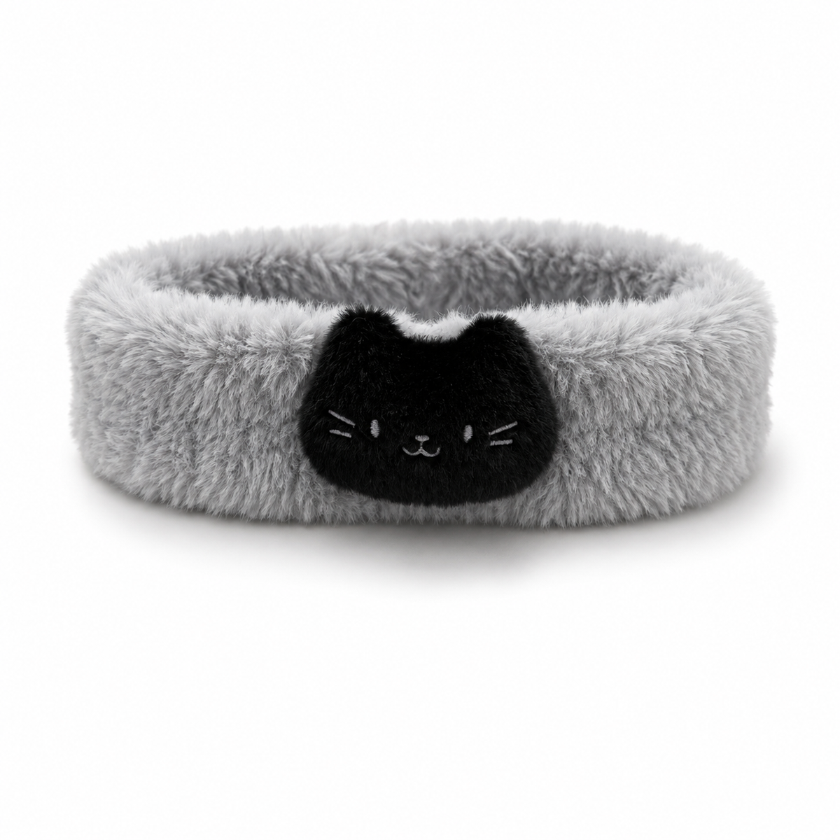 Soft and fluffy gray cat spa headband featuring a black cat face appliqué.