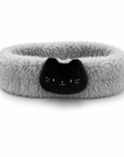 Soft and fluffy gray cat spa headband featuring a black cat face appliqué.