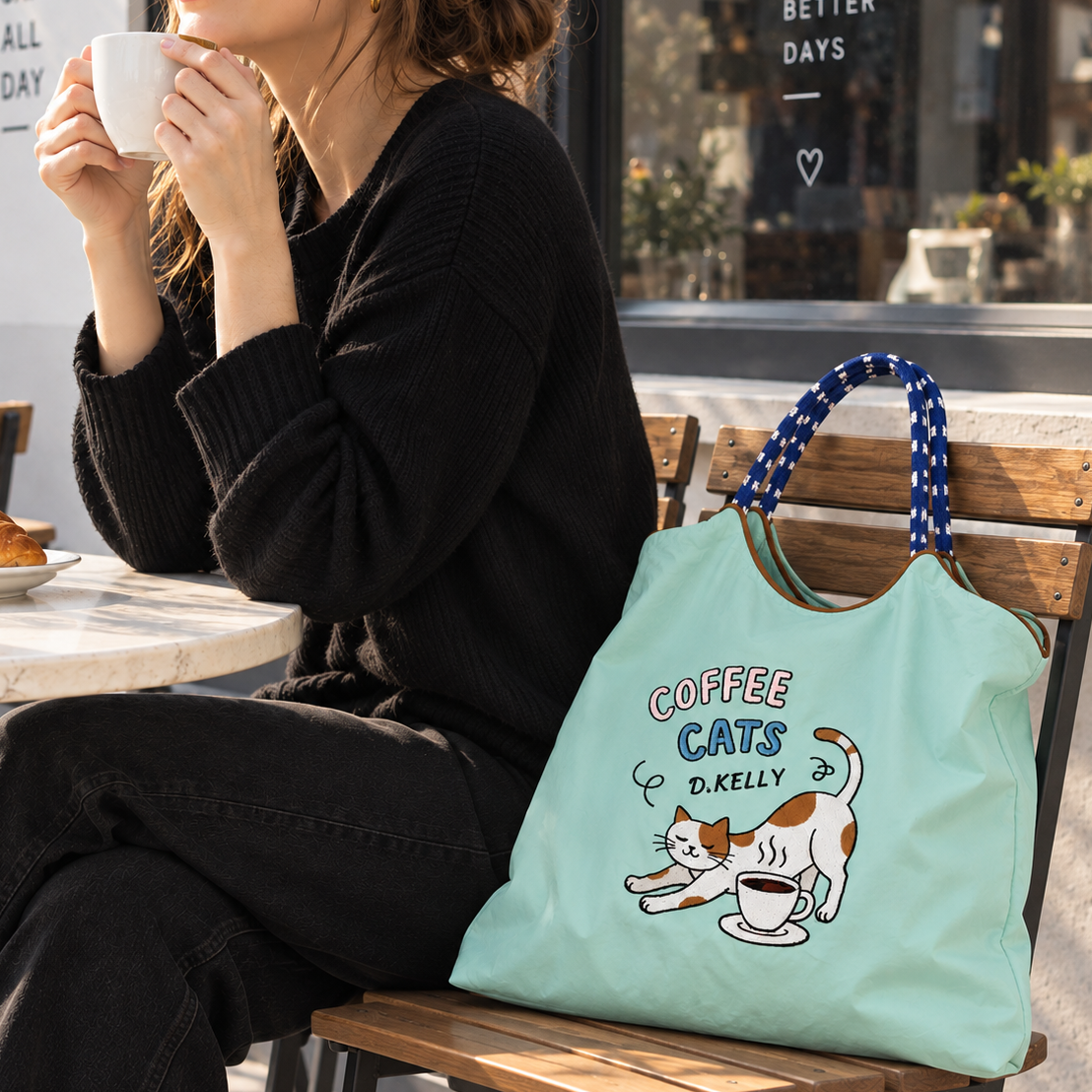 Mint green Coffee Cats tote bag displayed on a chair beside a woman enjoying coffee at an outdoor cafe.