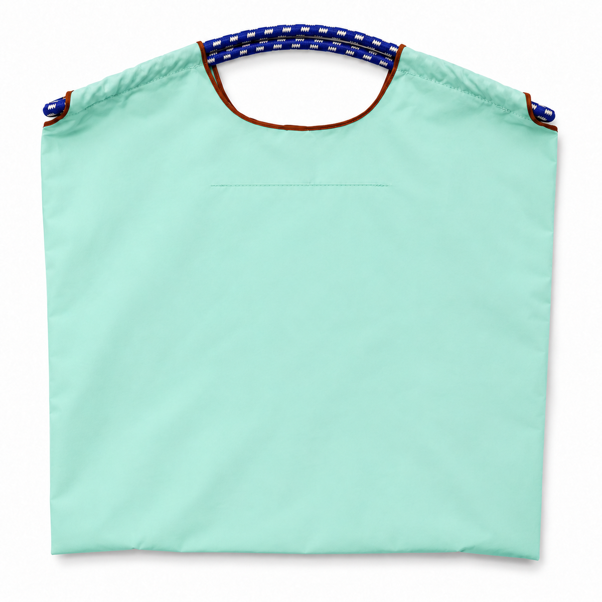 Back view of the mint green Coffee Cats tote bag with blue and white rope-style handles.