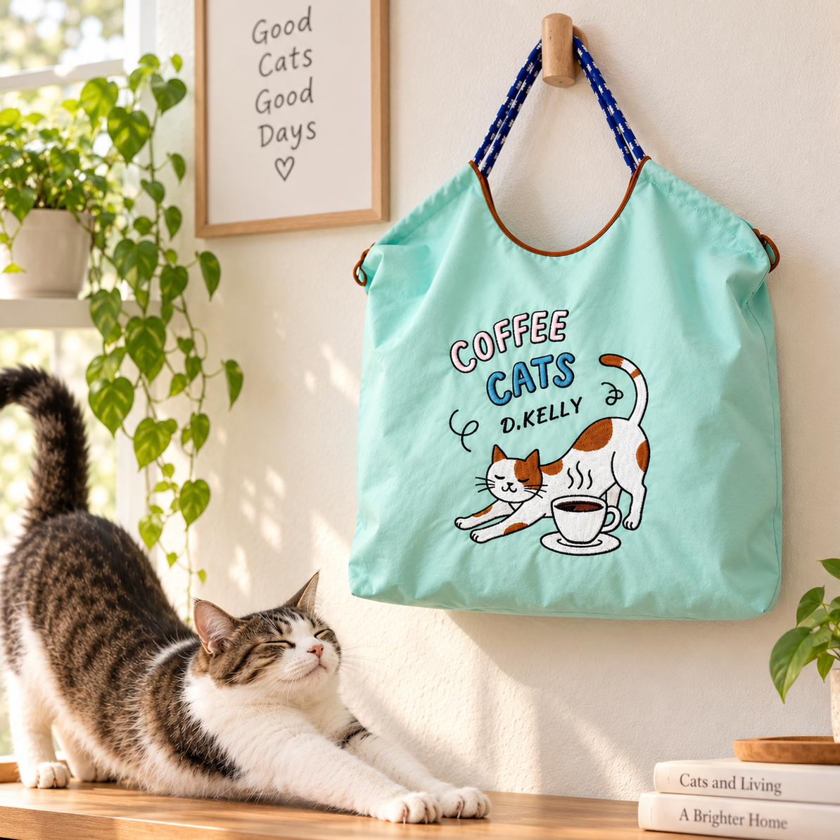 Mint green Coffee Cats tote bag hanging on a wall above a stretching cat in a bright home.