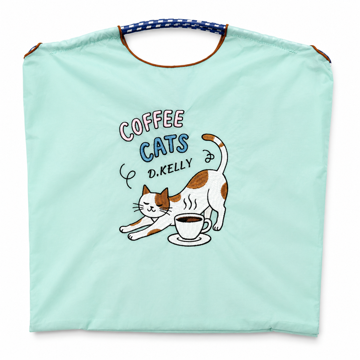 Mint green Coffee Cats tote bag featuring an embroidered stretching cat beside a coffee cup and blue and white rope-style handles.