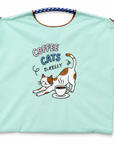 Mint green Coffee Cats tote bag featuring an embroidered stretching cat beside a coffee cup and blue and white rope-style handles.