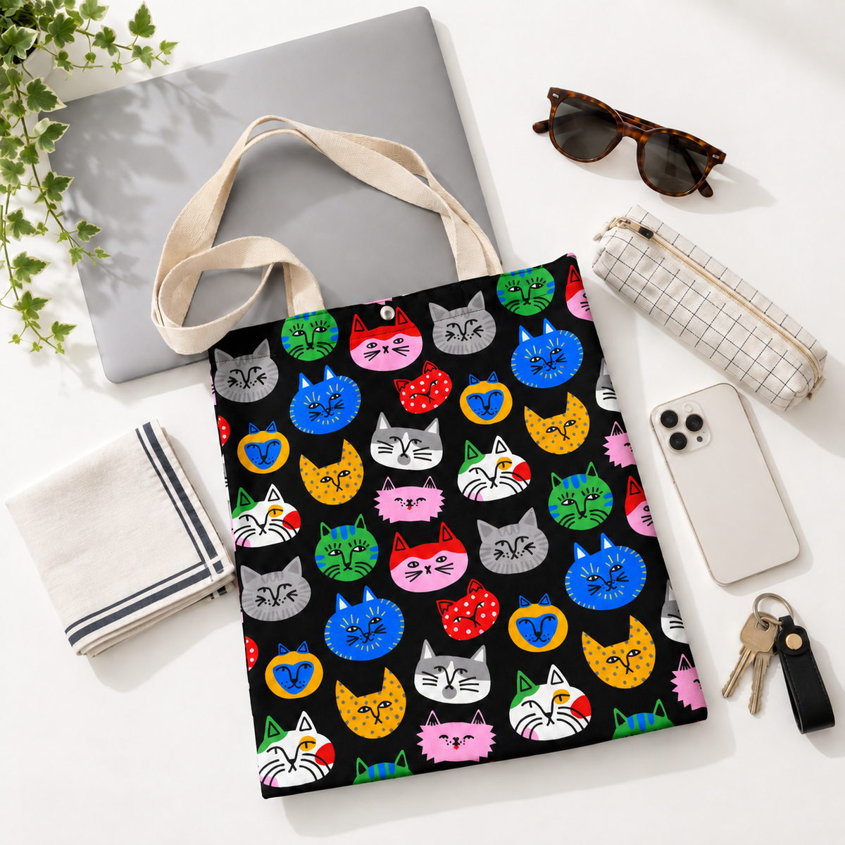 A colorful cat face tote bag alongside everyday essentials including a laptop, sunglasses, smartphone, pencil case, and keys.