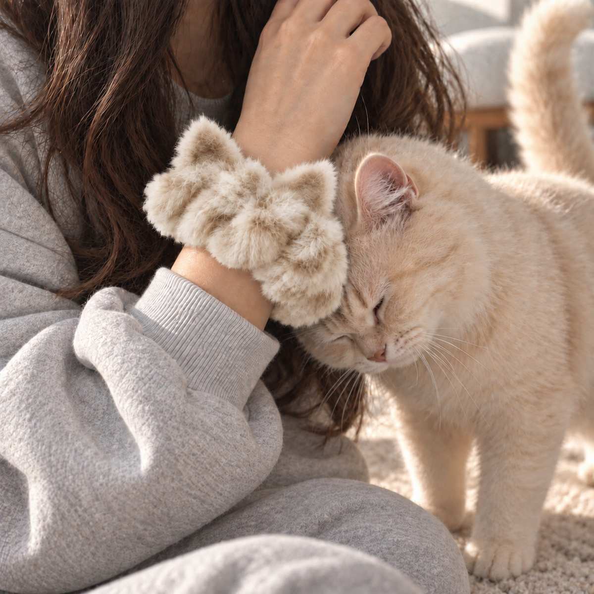 A person wears a soft, fluffy cream cat ear scrunchie on their wrist. A cream-colored cat gently rubs its head against the scrunchie.