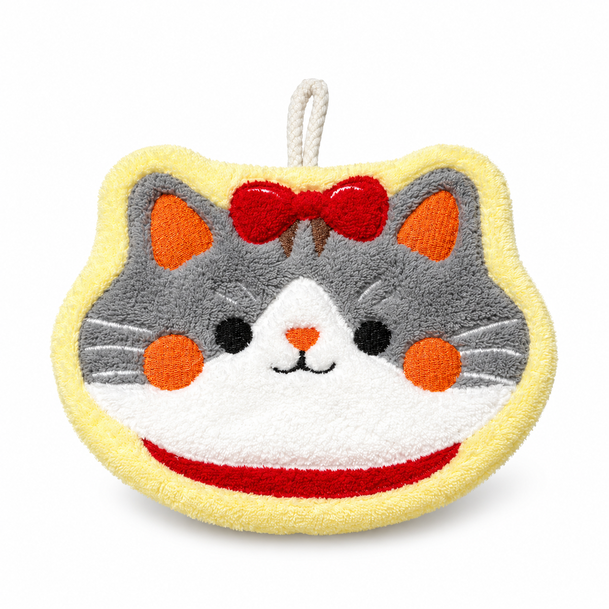 Hanging hand towel with a gray and white cat face, orange accents, a red bow, yellow trim, and a hanging loop at the top.