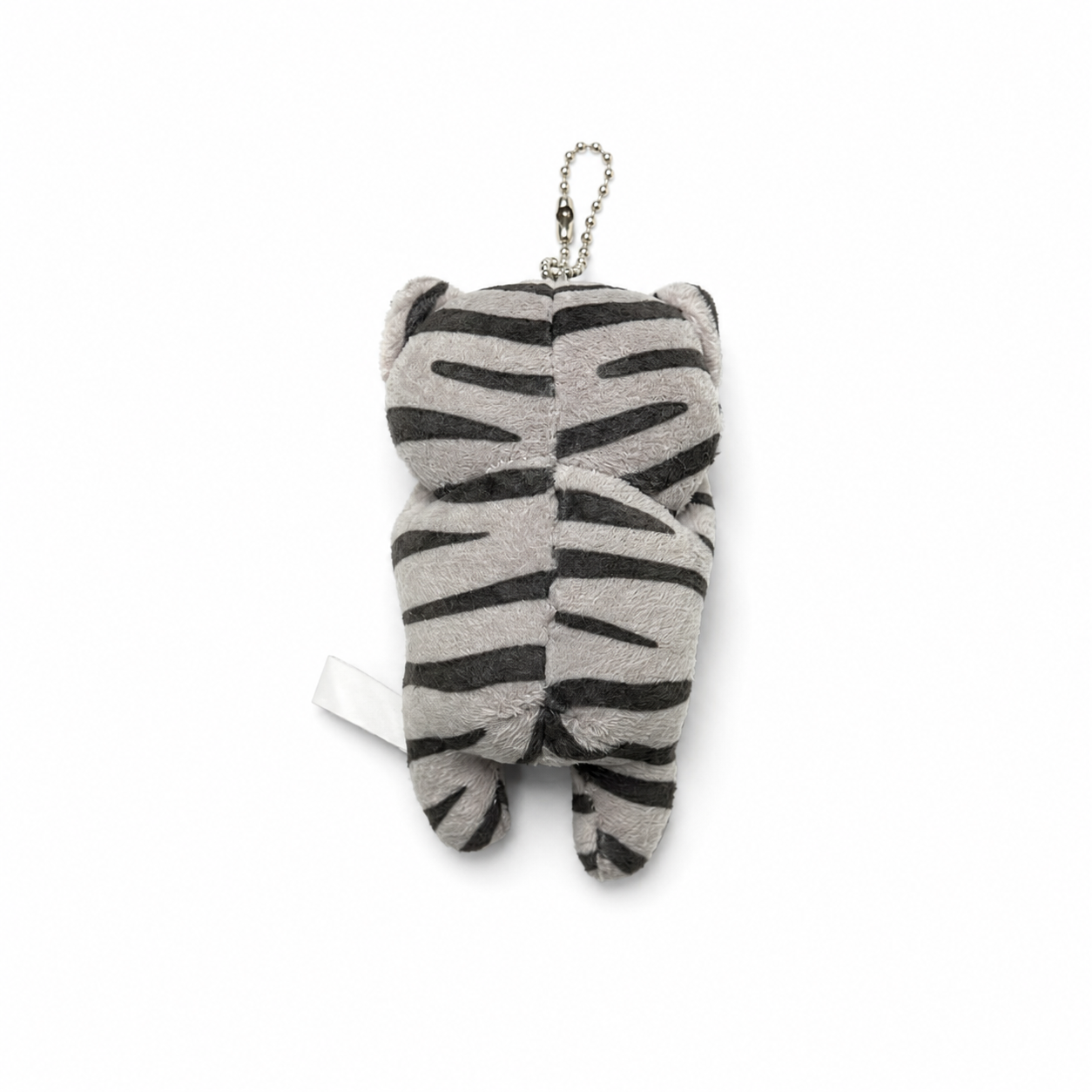 Back view of a gray tabby cat plush charm with a silver ball chain.