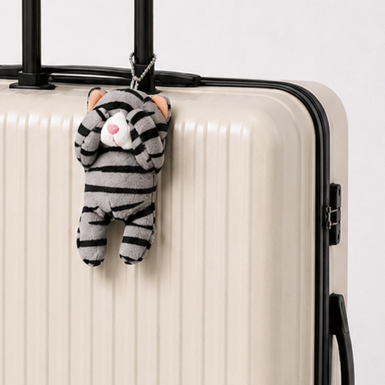A gray tabby cat plush charm with its paws covering its eyes, hanging from the handle of a cream-colored suitcase by a silver ball chain.