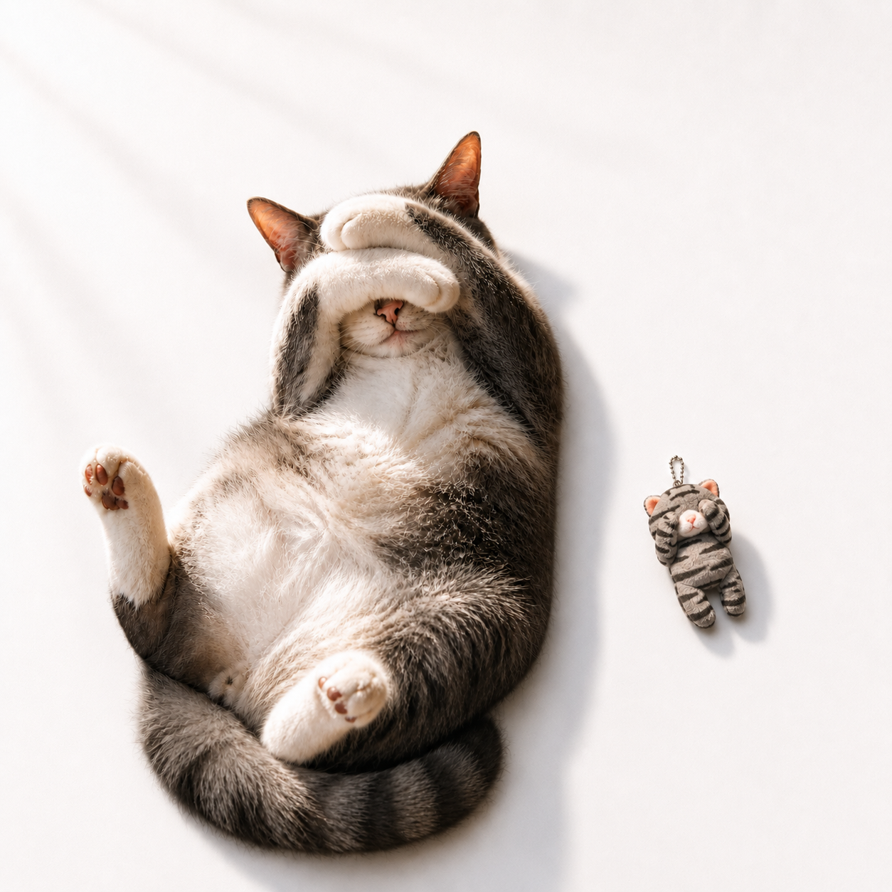 A gray tabby cat plush charm lies next to a gray tabby cat lying on its back with its paws covering its eyes, bathed in soft daylight.