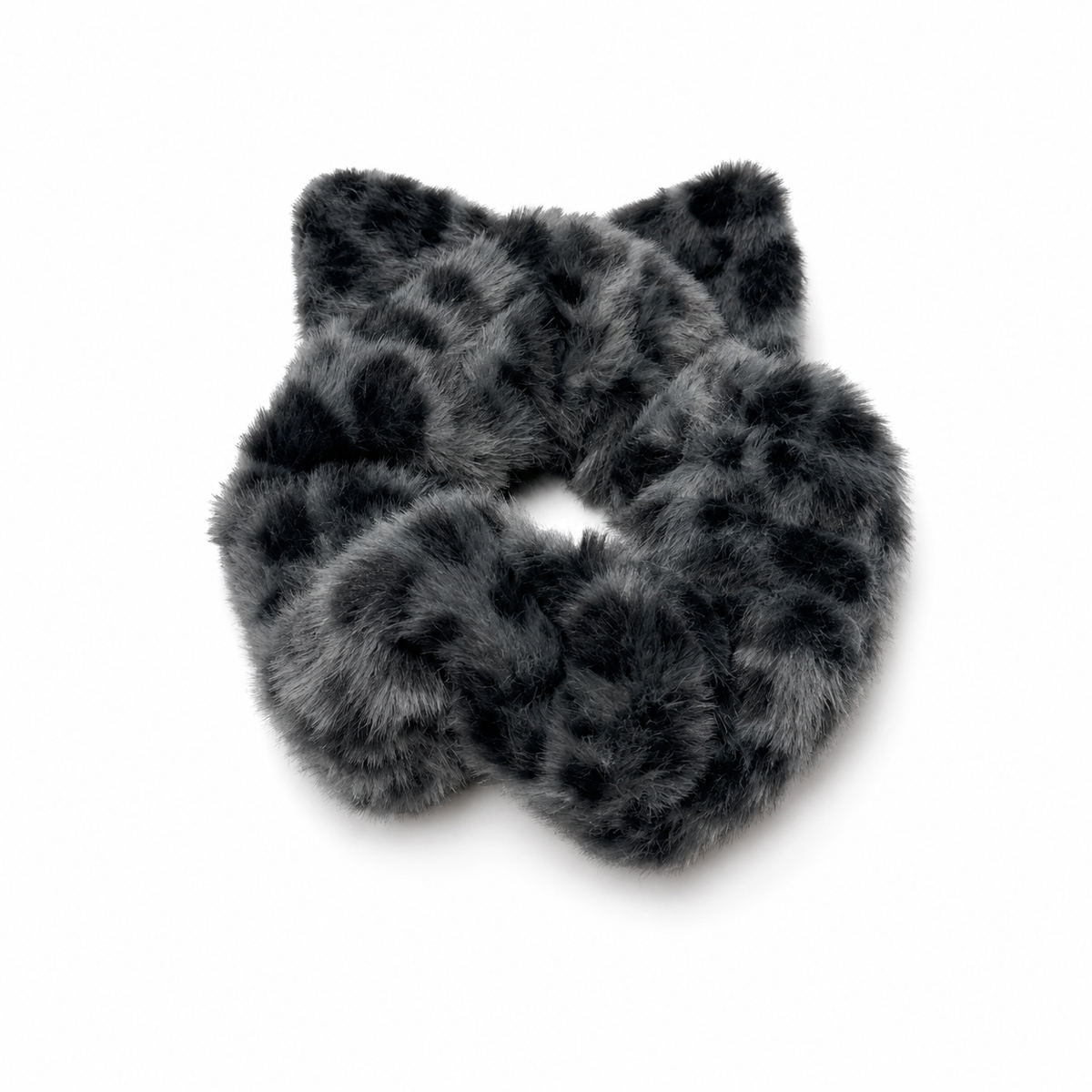 Black-colored fluffy cat ear scrunchie with leopard print pattern.