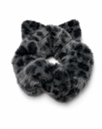Black-colored fluffy cat ear scrunchie with leopard print pattern.