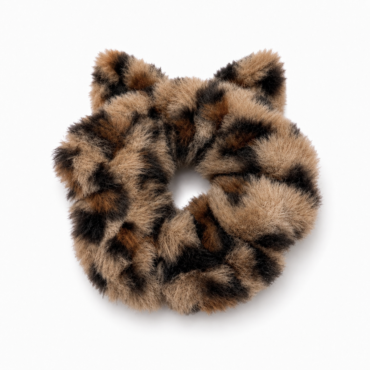Fluffy cat ear scrunchie with a brown and black leopard print pattern.