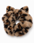 Fluffy cat ear scrunchie with a brown and black leopard print pattern.