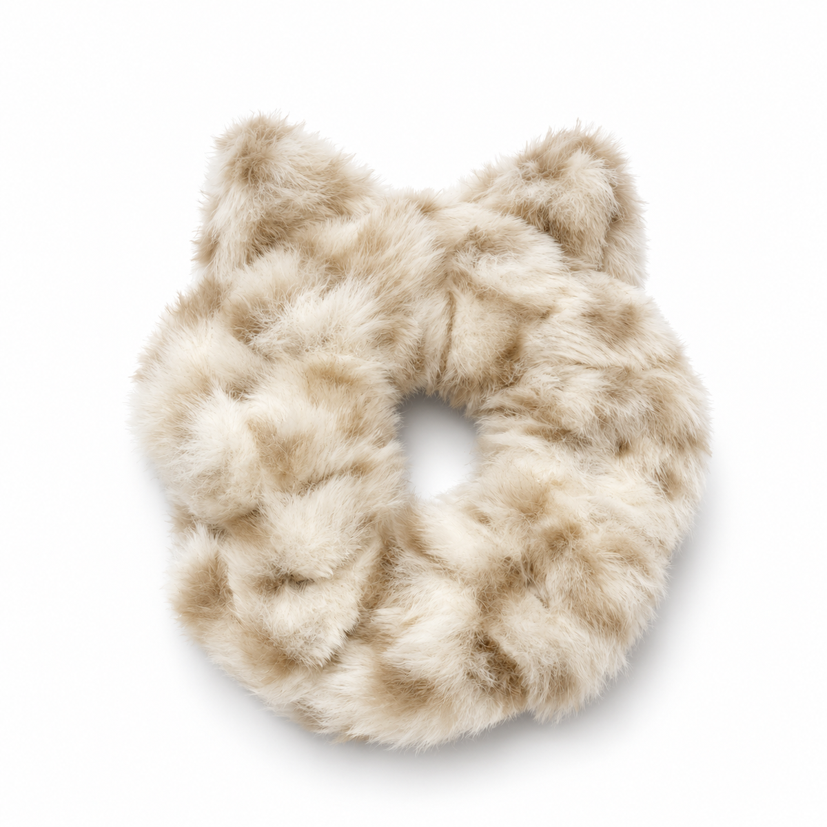 Cream-colored fluffy cat ear scrunchie with leopard print pattern.
