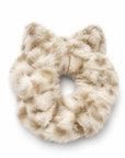 Cream-colored fluffy cat ear scrunchie with leopard print pattern.