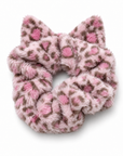 Pink-colored fluffy cat ear scrunchie with leopard print pattern.