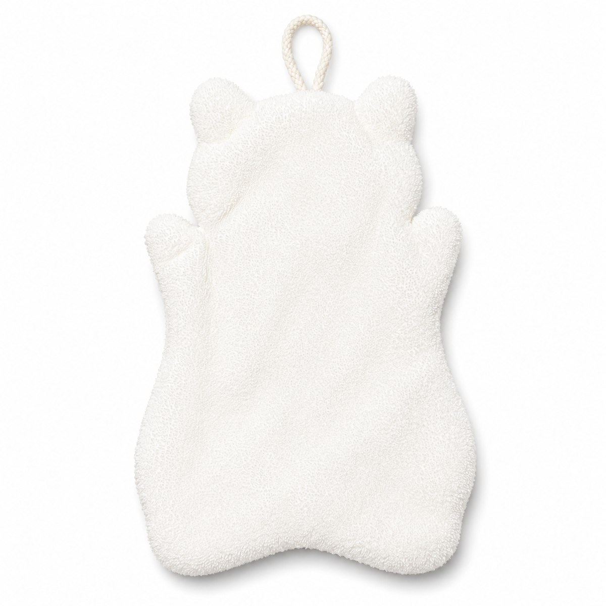 Back view of the white full-body cat-shaped hand towel with both front paws raised and a hanging loop. 