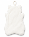 Back view of the white full-body cat-shaped hand towel with both front paws raised and a hanging loop. 