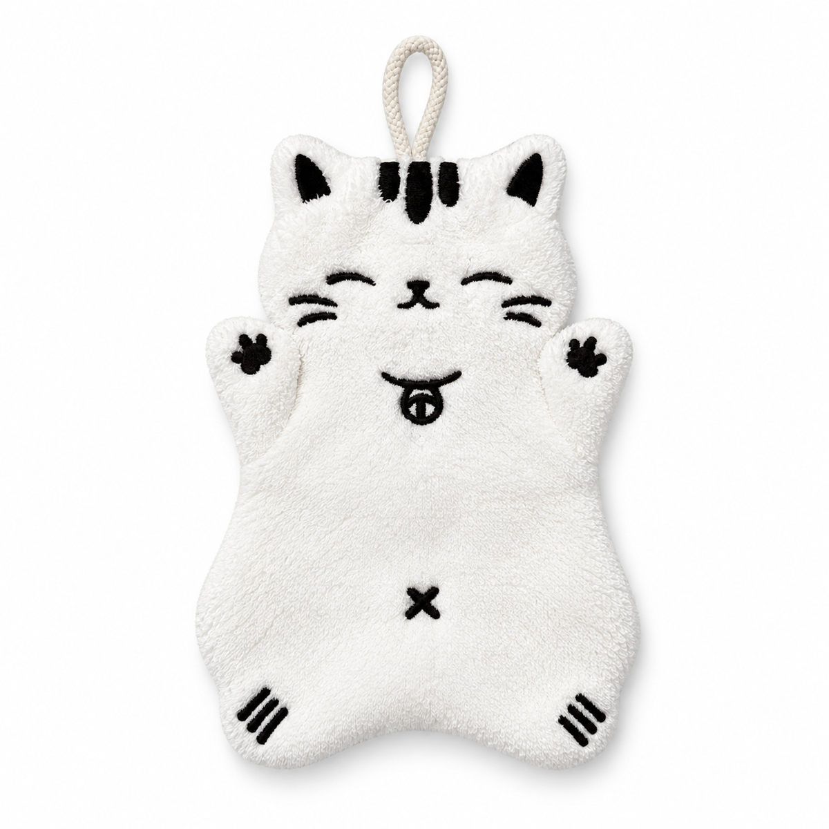White full-body cat-shaped hand towel with both front paws raised, black embroidered details, and a hanging loop.