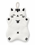 White full-body cat-shaped hand towel with both front paws raised, black embroidered details, and a hanging loop.