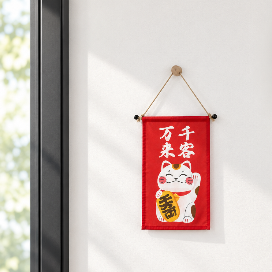 A red Lucky Cat wall hanging banner is displayed on a bright wall near a window.