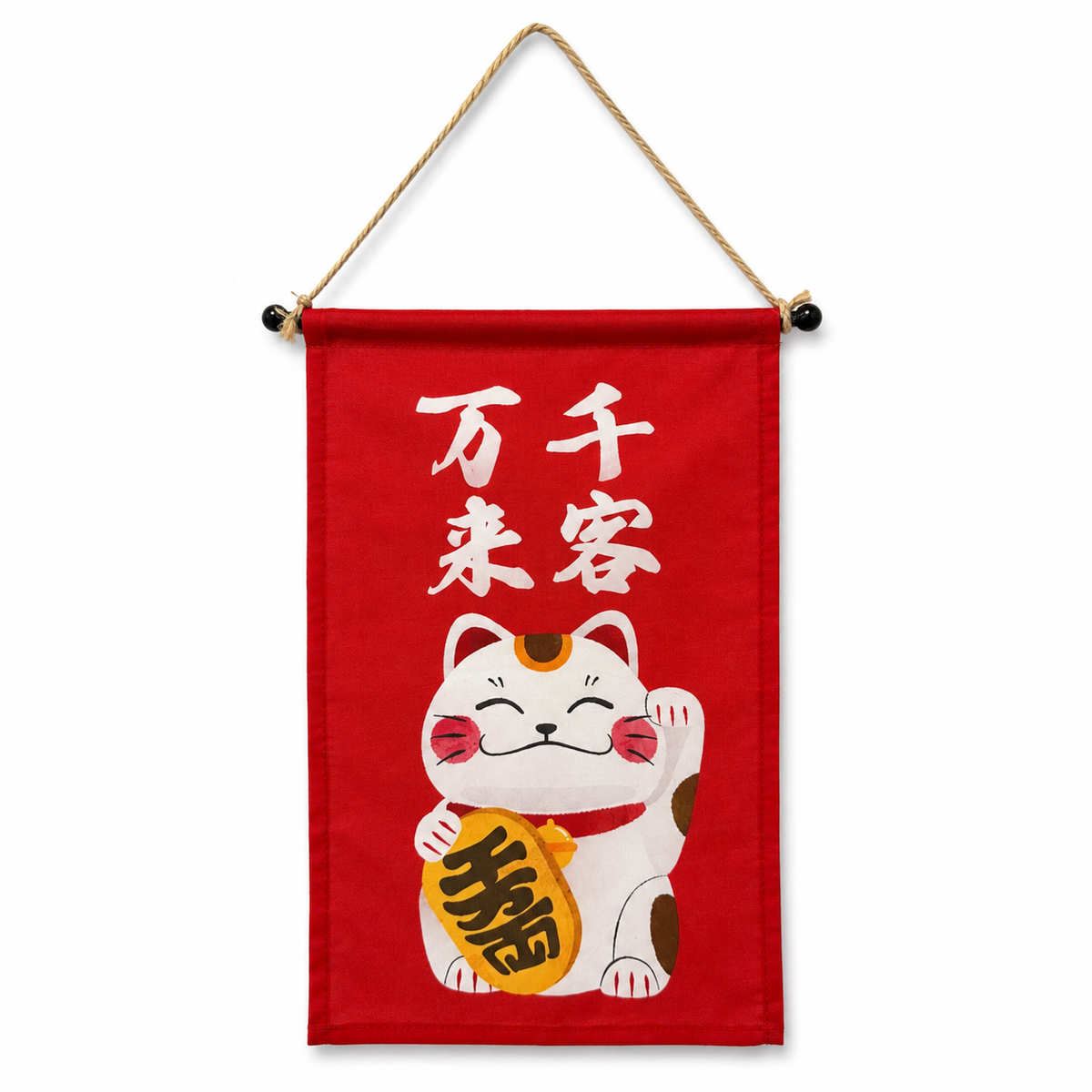 A Lucky Cat wall hanging featuring the Japanese phrase “Senkyaku Banrai.”