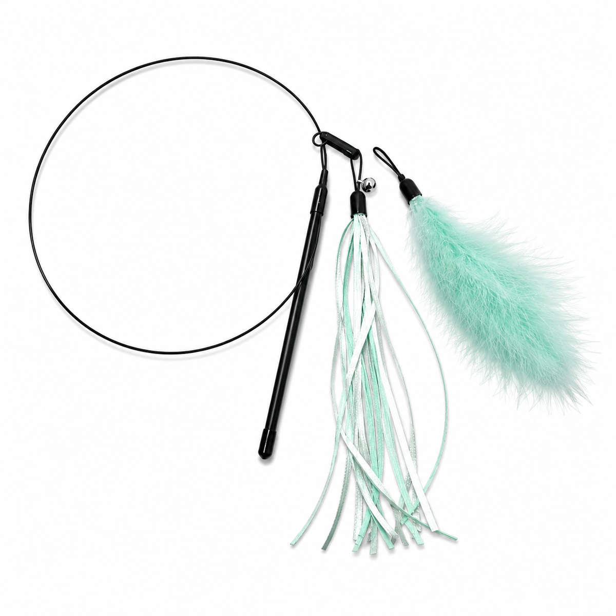 Cat wand toy with coiled flexible wire, mint green feather and ribbon attachments, and a small bell.
