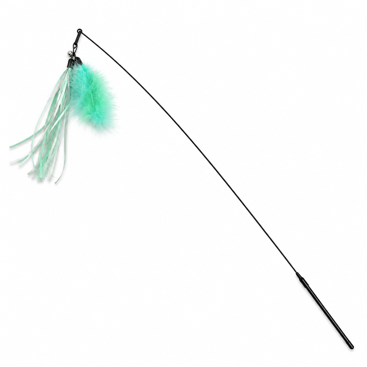 Full view of a cat wand toy with extended flexible wire, mint green feather and ribbon attachments, and a small bell.