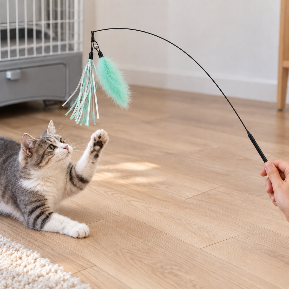 Gray and white cat reaching for a mint green feather and ribbon cat wand toy held by a person.