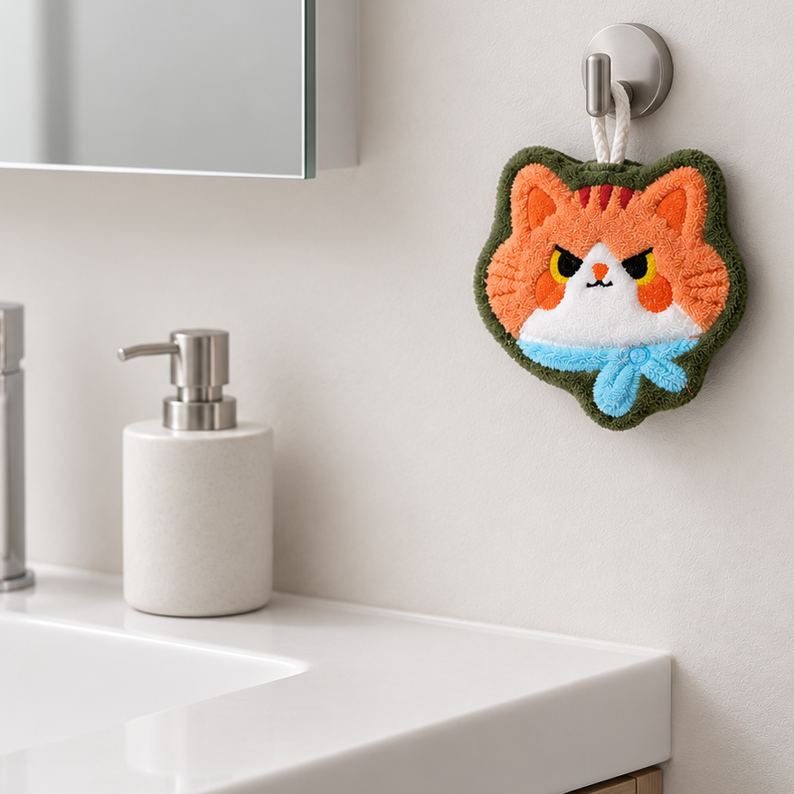 Orange cat-face-shaped hand towel with a light blue scarf and green trim hanging from a wall hook beside a bathroom sink.