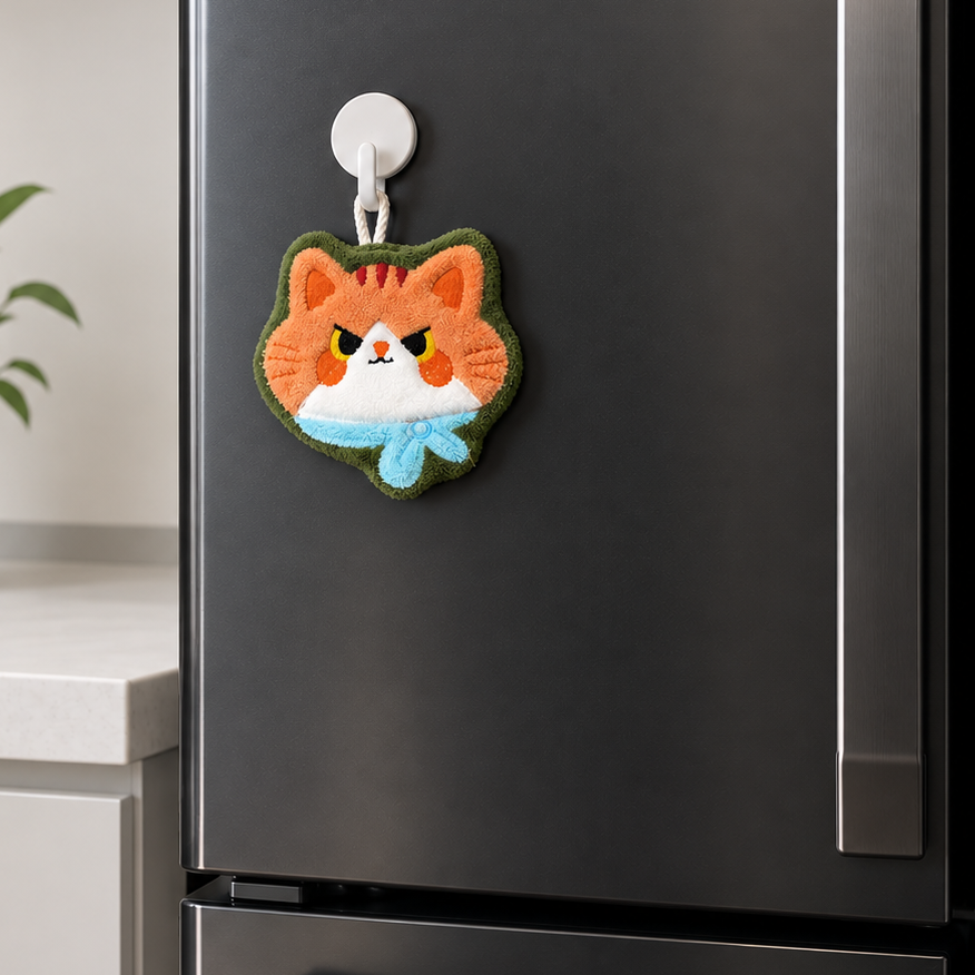 Orange cat-face-shaped hand towel with a light blue scarf and green trim, hanging from a magnetic hook on a refrigerator door.