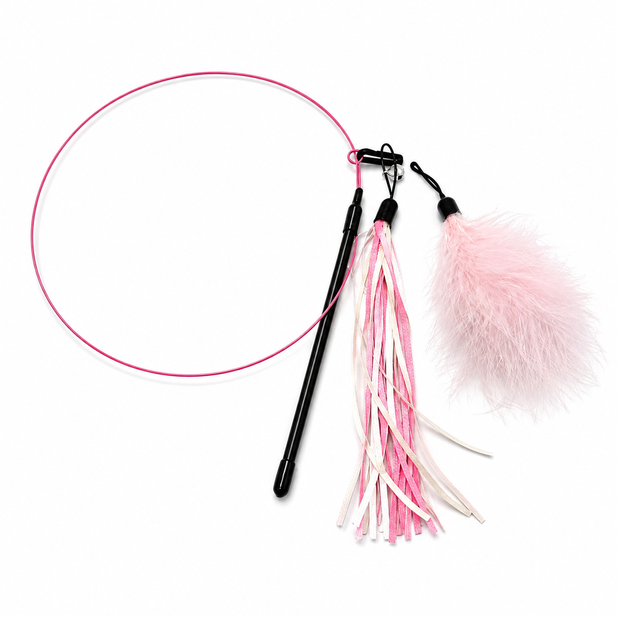 Cat wand toy with coiled flexible wire, interchangeable pink feather and ribbon attachments, and a small bell.