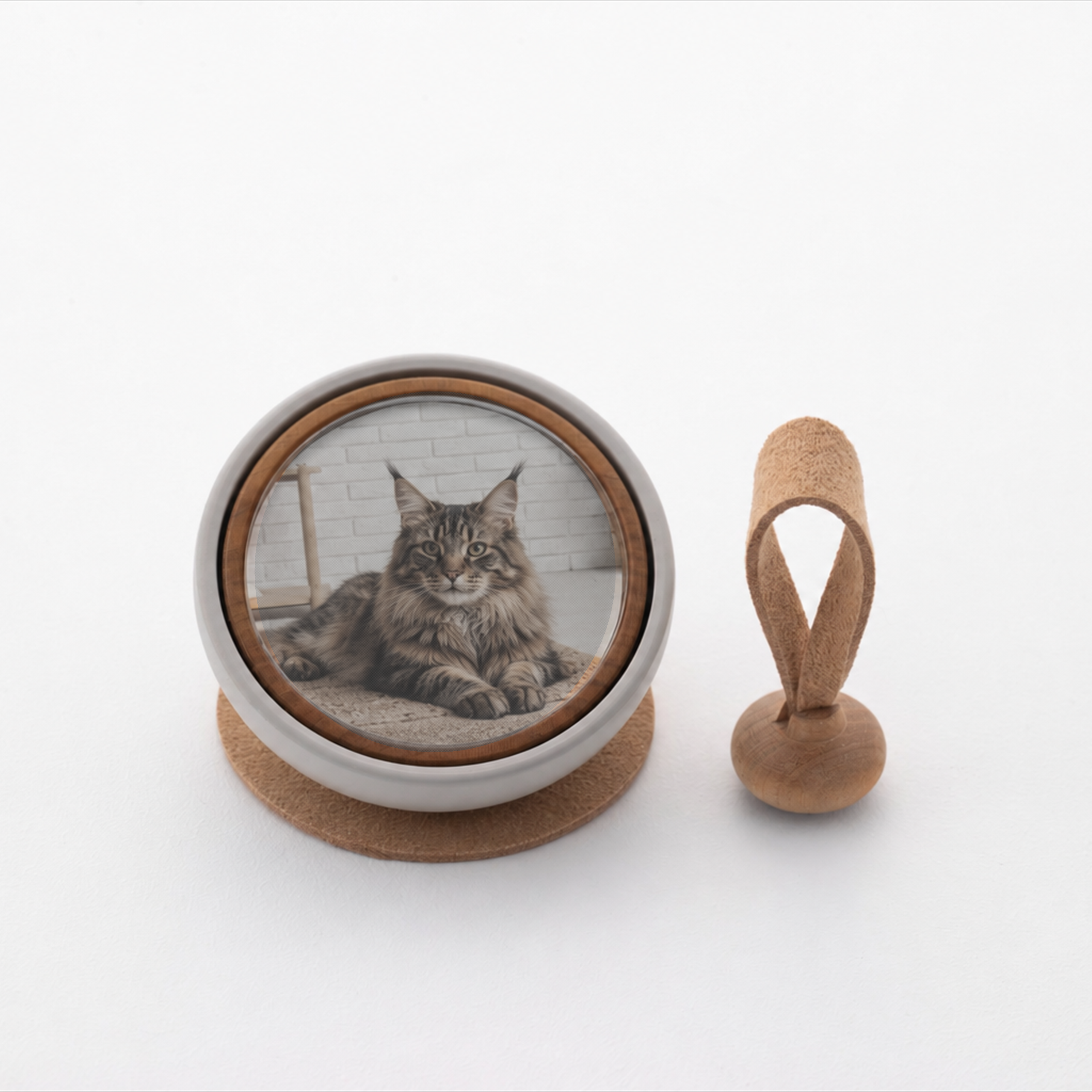Tailo pet memorial bell in Tan color with a photo of a Maine Coon
