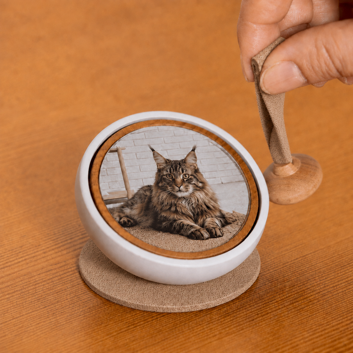 Hand gently ringing the Tailo pet memorial bell with the swaying mallet