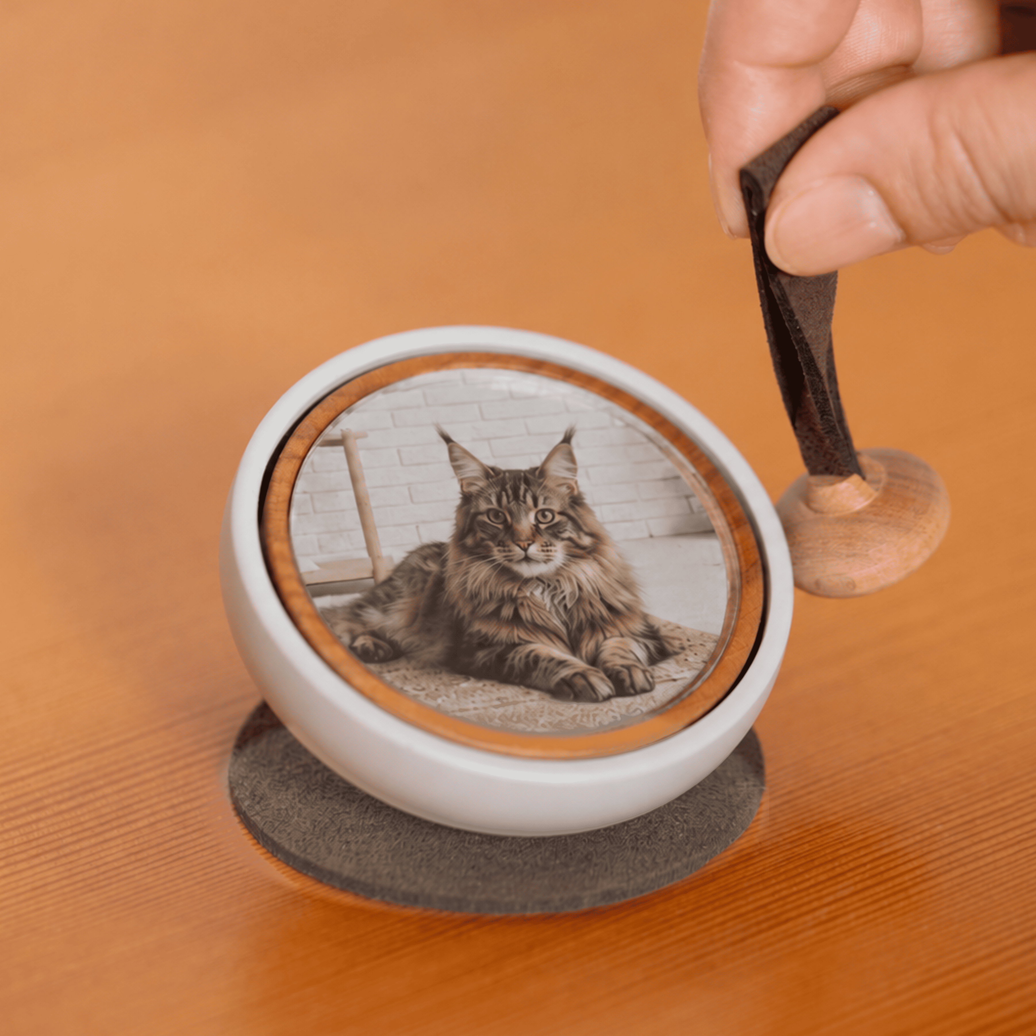 Hand gently ringing the Tailo pet memorial bell with the swaying mallet