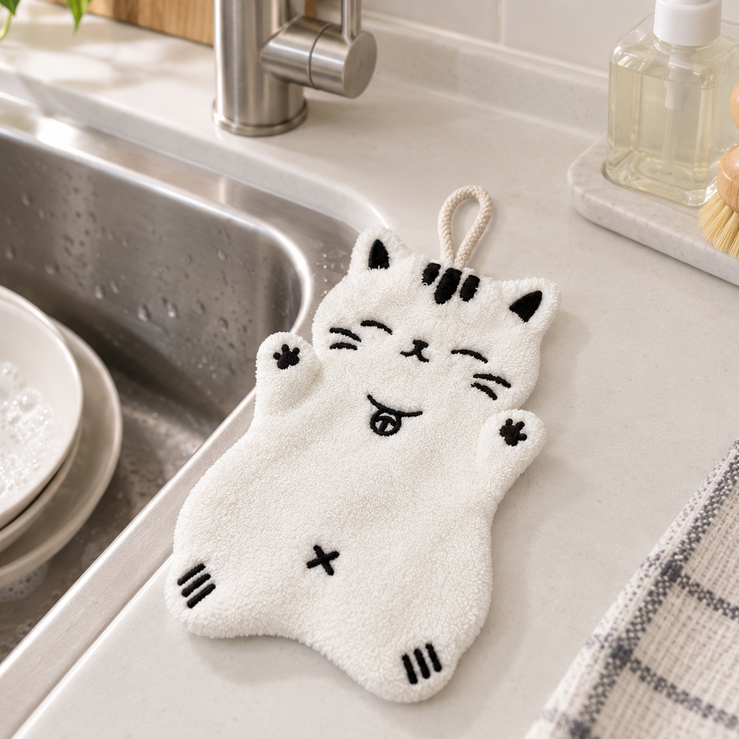 White cat-shaped hand towel with black embroidered details placed beside a kitchen sink.