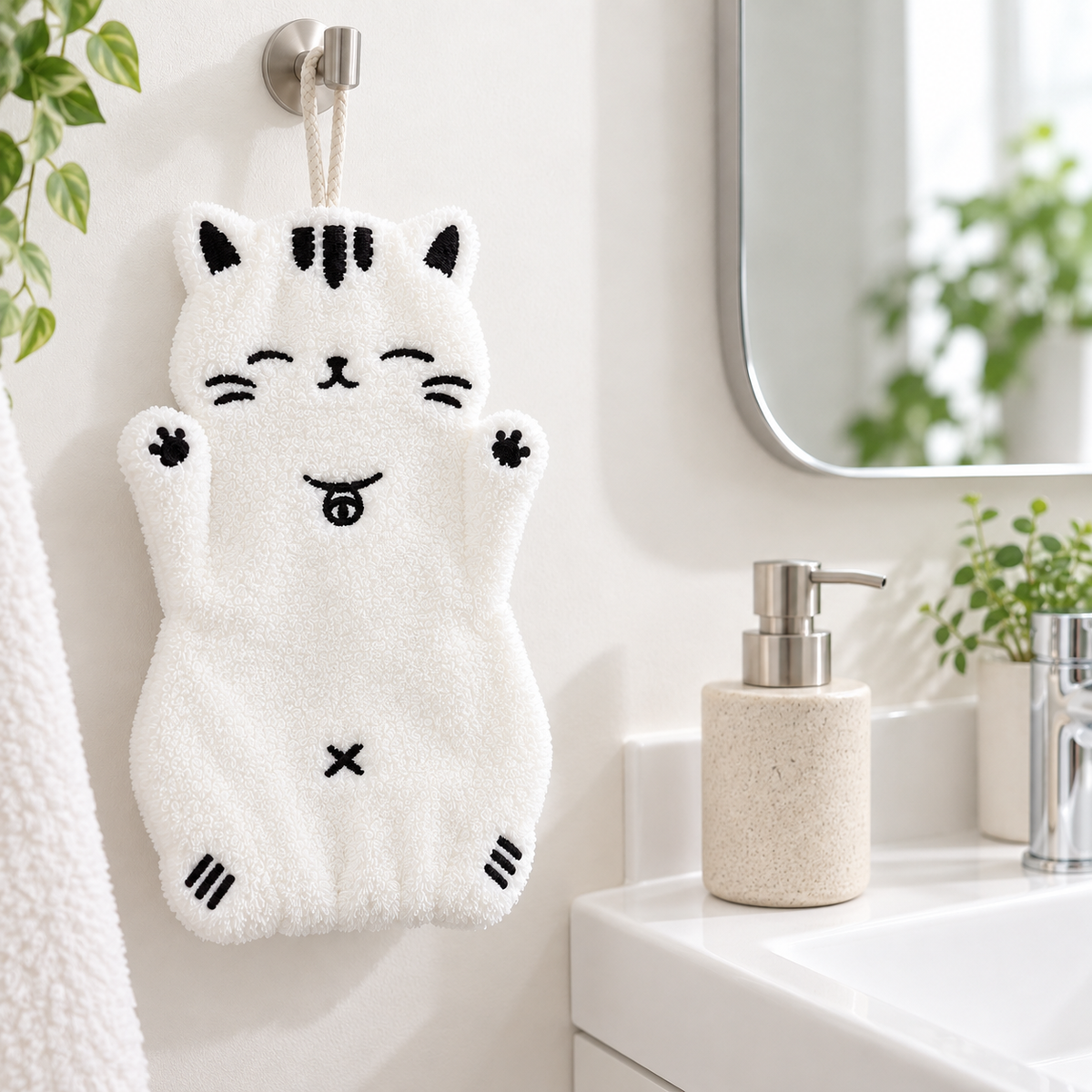 White cat-shaped hand towel with black embroidered details hanging from a wall hook beside a bathroom sink.