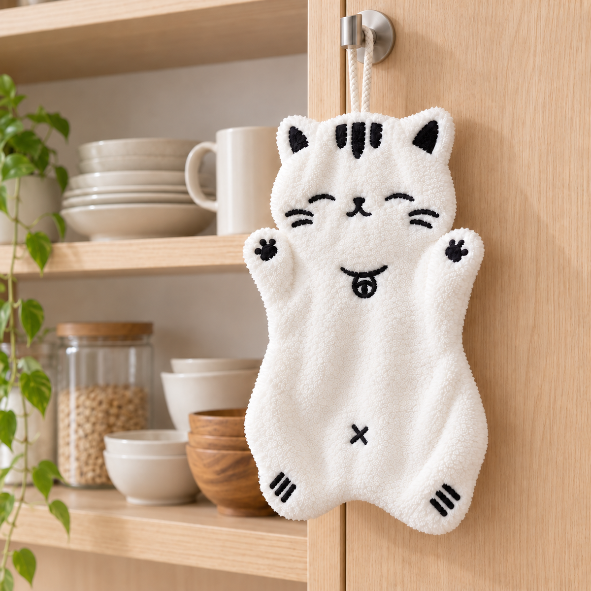 White cat-shaped hand towel with black embroidered details hanging from a hook on a wooden kitchen cabinet door.